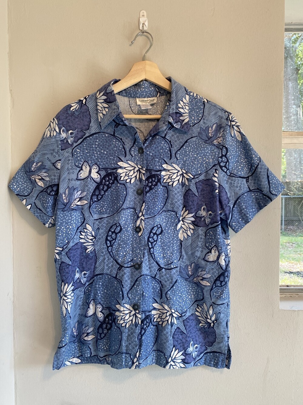 Coldwater Creek Linen Blend Lily Butterfly Button-Up Shirt Women's M